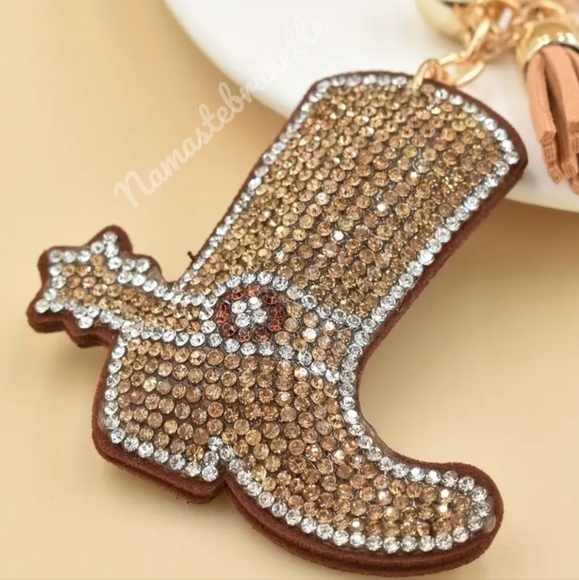 Western Boot Crystal Rhinestone Keychain Bag Charm With Tan Tassel - Picture 15 of 17